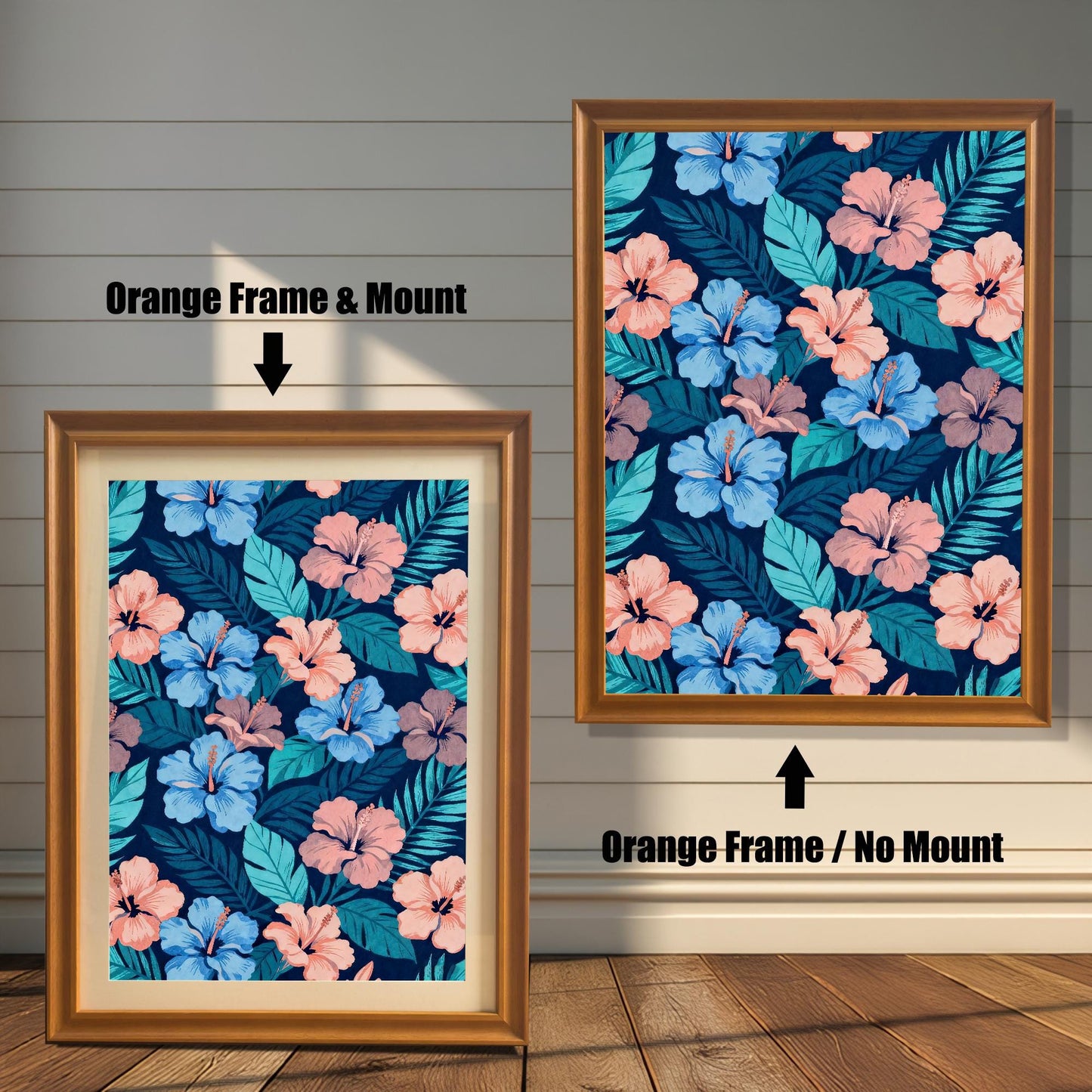 Comparison of an Orange-framed hibiscus print with a light mount (mat) and the same Orange-framed print without a mount (full print visible).