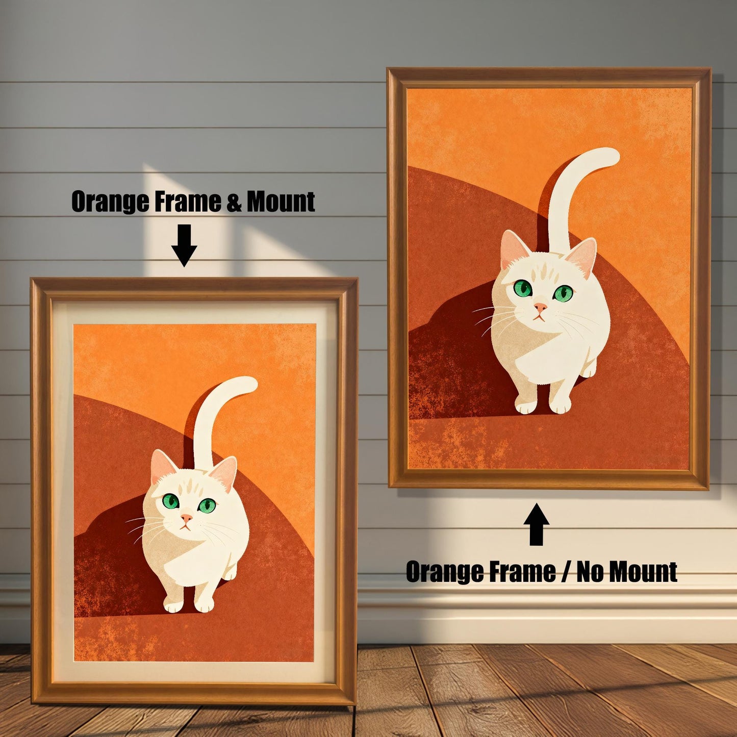 Comparison image showing the cat art print in an Orange Frame. On the left, an Orange Frame with a Mount is shown. On the right, an Orange Frame with No Mount is shown, indicating two framing styles.