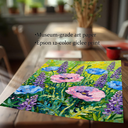 Close-up view of the unframed floral art print featuring poppies and lavender, lying on a wooden table. Text on the image states it is a "Museum-grade art paper" and an "Epson 12-color giclee print."