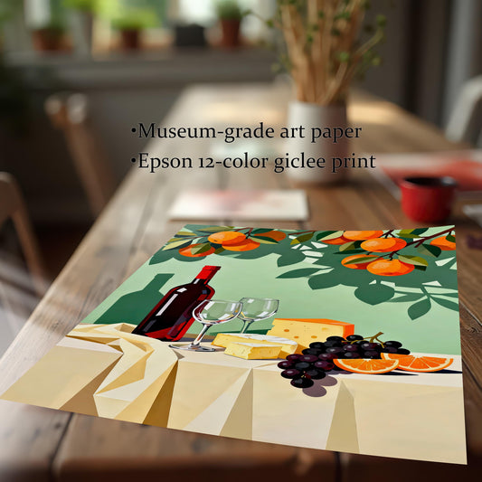 Close-up view of the unframed still life print lying on a wooden table, featuring a wine bottle, cheese, and fruit. Text on the image states it is a "Museum-grade art paper" and an "Epson 12-color giclee print."