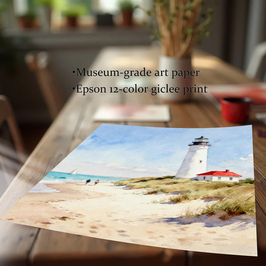 Detail shot of the art print of a lighthouse on a beach, laying on a wooden table. Text overlay highlights product quality: Museum-grade art paper and Epson 12-color giclee print.