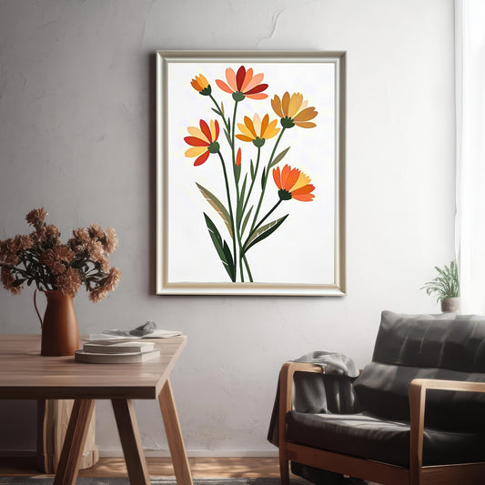 Lifestyle photo showing a framed art print of modern orange and yellow flowers hung on a textured gray wall above a wooden table and a dark leather armchair. The frame is a light, possibly silver or natural wood, color.