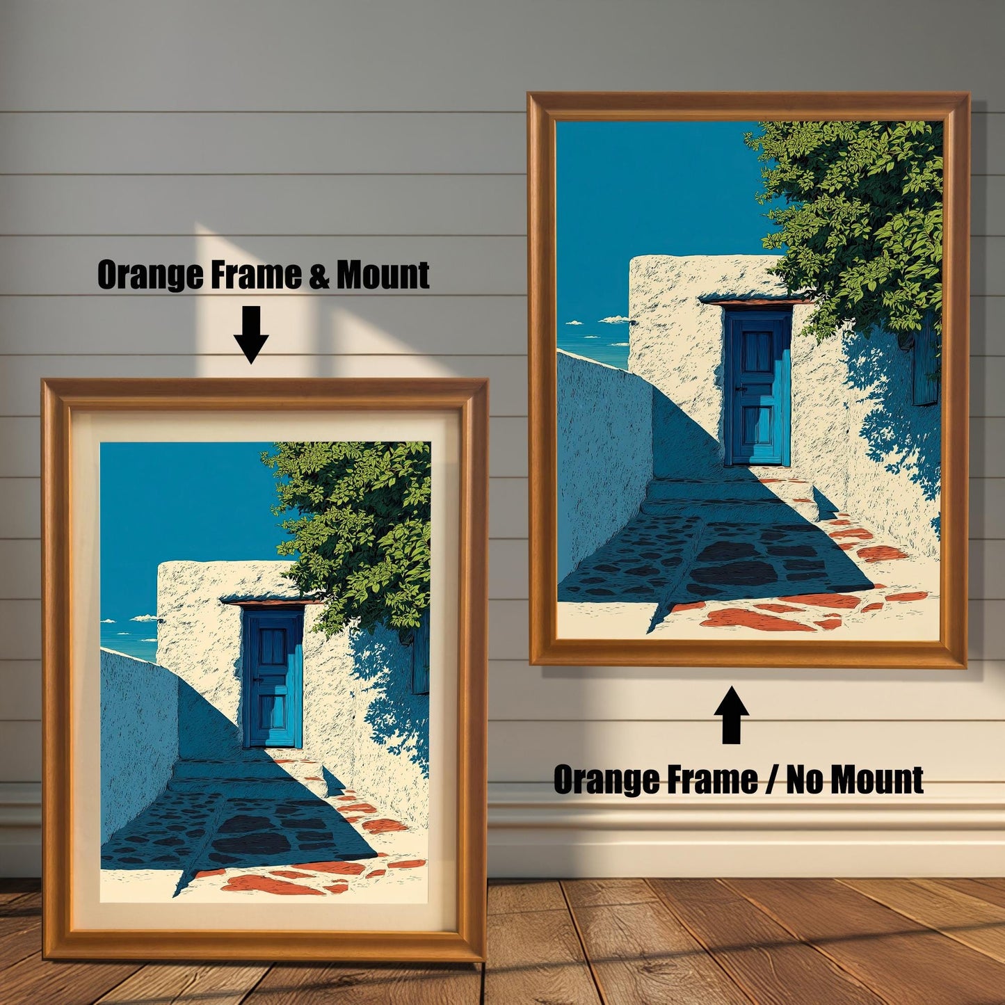 Two versions of the print with an Orange Frame (light brown/wood tone): one on the left with a Mount (matting) and one on the right with No Mount. Both are against a wood-plank background.
