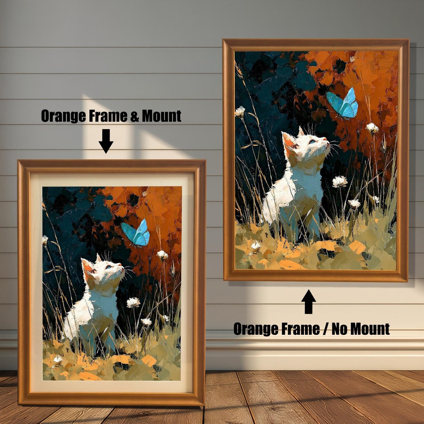 Comparison of the framed art print. On the left, an Orange Frame & Mount (mat) around the art. On the right, an Orange Frame / No Mount (no mat) around the art.