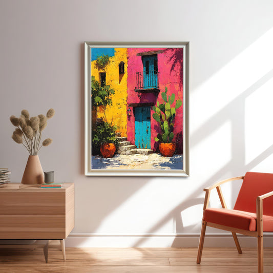 A framed art print of a vibrant, colorful Mediterranean-style building with yellow and magenta walls, a bright blue door, and cactus plants, hanging in a modern, sunlit room with a wooden side table and orange chair.