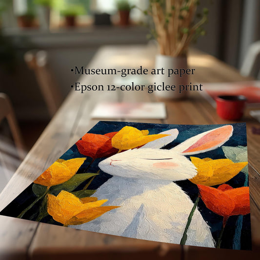 Close-up of the white bunny and tulip art print laying on a wood table, highlighting details and text: ""Museum-grade art paper"" and ""Epson 12-color giclee print"".