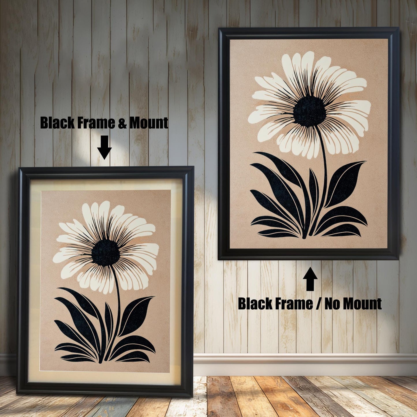 Comparison of the flower art print in a Black wood frame: Left is "Black Frame & Mount" with a light matting, and Right is "Black Frame / No Mount" without matting.