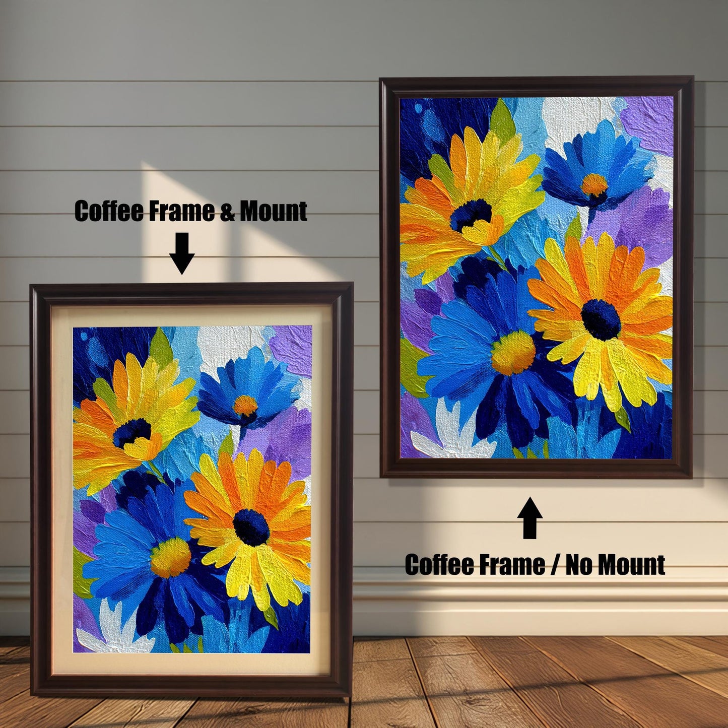 Abstract Blue and Yellow Daisy painting print in two coffee (dark brown) wood frames on a rustic wall. The left frame includes a mount/mat, and the right frame shows the print without a mount/mat.