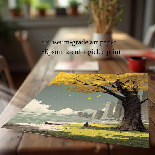 Close-up shot of the unframed art print lying on a wooden table, highlighting its muted colors and quality. Text mentions Museum-grade art paper and Epson 12-color giclee print.