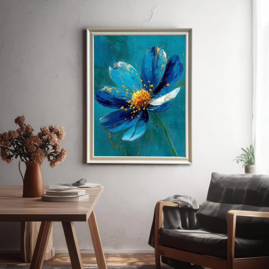 A framed art print of a vibrant blue flower with gold accents and a white petal tip, hanging in a light-colored frame above a dark armchair and wooden table.