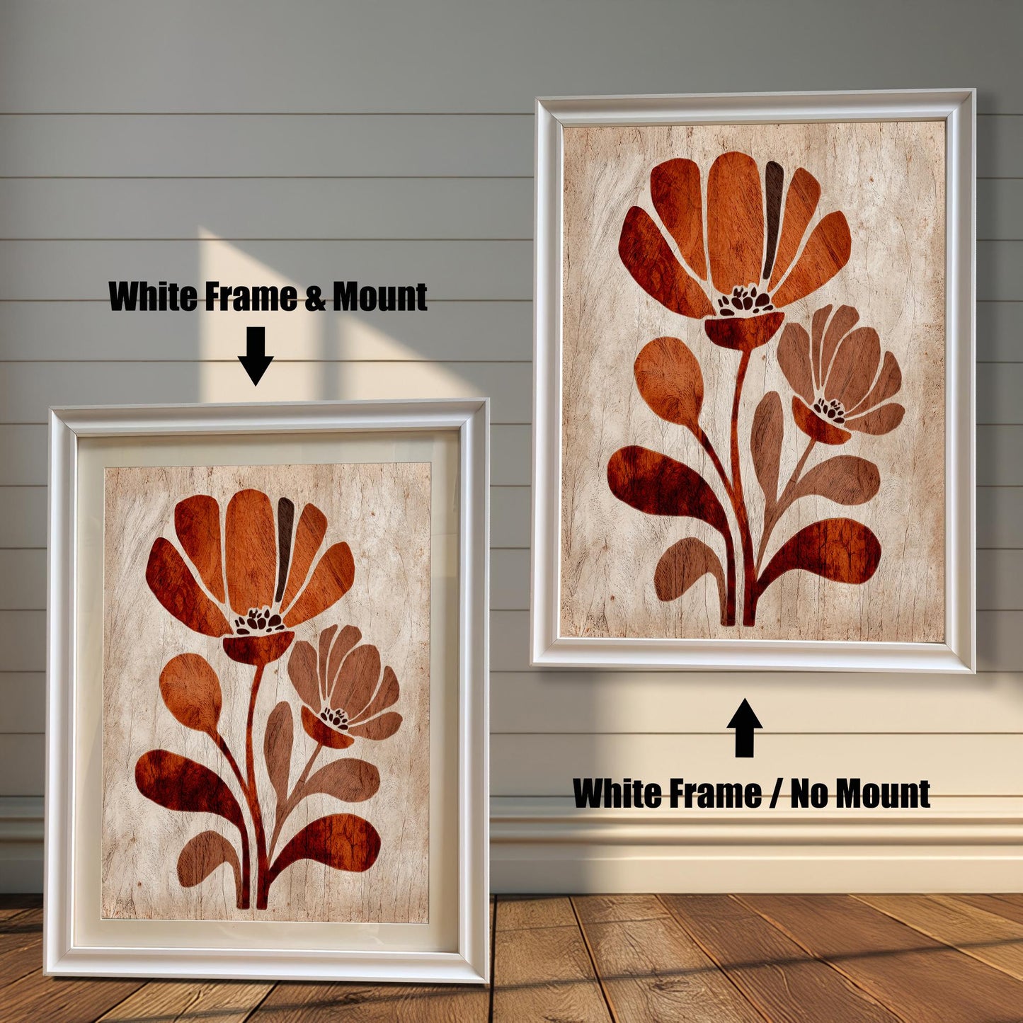 Comparison of two framed art prints: A smaller print with a white frame and a beige mount/mat, and a larger print with a white frame but no mount. Both feature the stylized rust-orange floral design. (This focuses on the white frame and mounting options.)