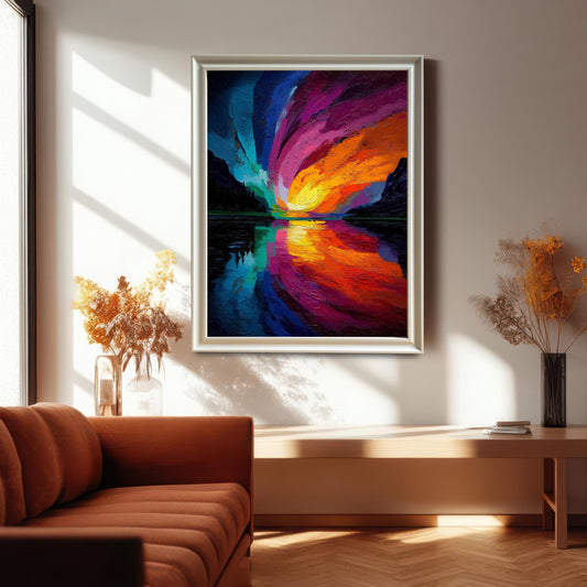 Vertical framed art print of an abstract, colorful landscape with a vibrant, swirling sky in orange, yellow, magenta, and blue reflecting over a dark lake. The print has a silver/white frame and is hung on a wall in a modern living room next to a window and a rust-colored couch.
