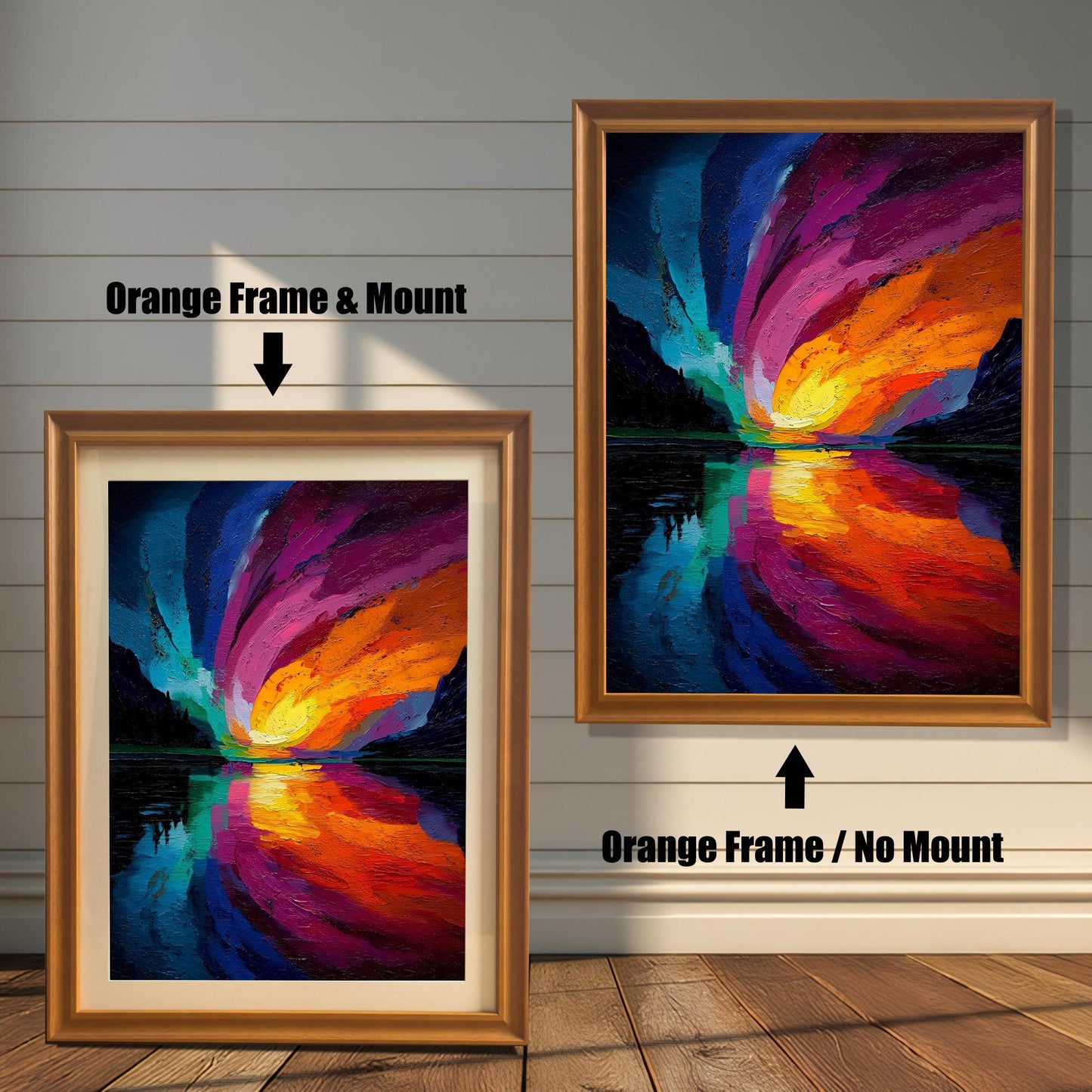 Comparison of two framed art prints: A smaller print with an orange frame and a beige mount/mat, and a larger print with an orange frame but no mount. Both feature the abstract colorful swirling sky landscape.
