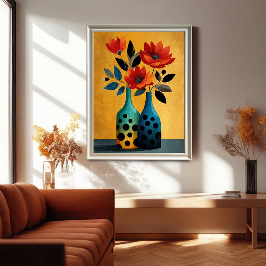 Vertical framed art print of two stylized flowers in orange and black, arranged in two polka-dot vases (teal and navy) against a vibrant gold/mustard yellow background. The print has a silver/white frame and is hung in a modern living room above a low console table.