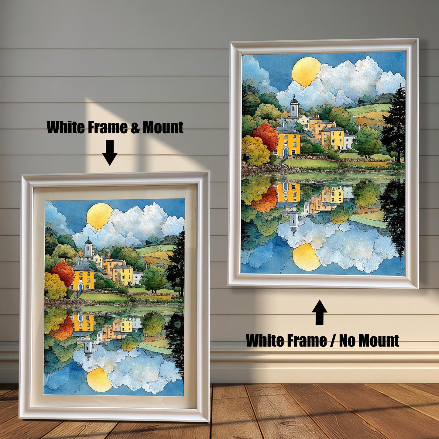 Comparison image of the framed art print. On the left, it has a White Frame & Mount (matting). On the right, it has a White Frame / No Mount. The art is a vibrant village with reflection.