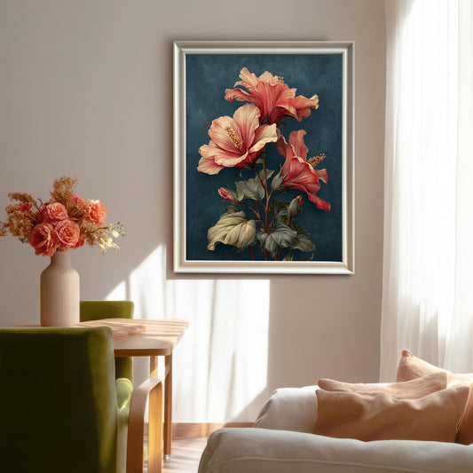Vertical framed art print in a bright dining or living room. The print features a detailed coral pink and red hibiscus flower illustration on a dark blue-teal background. The frame is silver or light grey.
