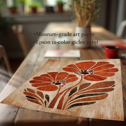 Close-up of the orange flower art print lying on a wooden table, highlighting its texture and color. Text overlay says: ""Museum-grade art paper"" and ""Epson 12-color giclee print"".