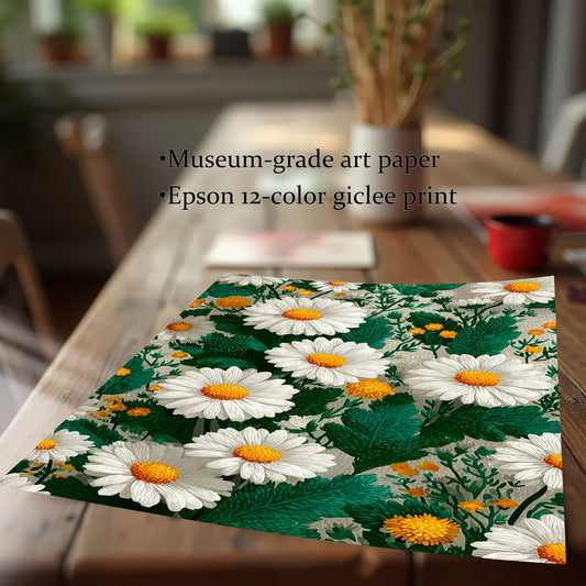 Close-up showing a rolled art print featuring a white and yellow daisy pattern, lying on a wooden table. Text overlay highlights product quality: "Museum-grade art paper" and "Epson 12-color giclee print."