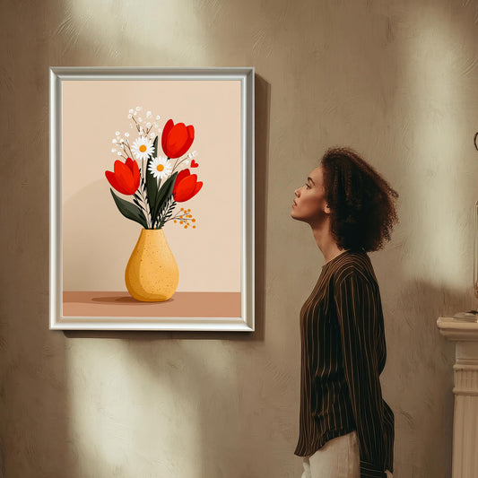 A woman with curly hair is standing and looking up at the framed 'Tulips and Daisies in a Yellow Vase' art print, which is hanging on a textured beige wall. The art is displayed in a thin White/Silver Frame with a mount.