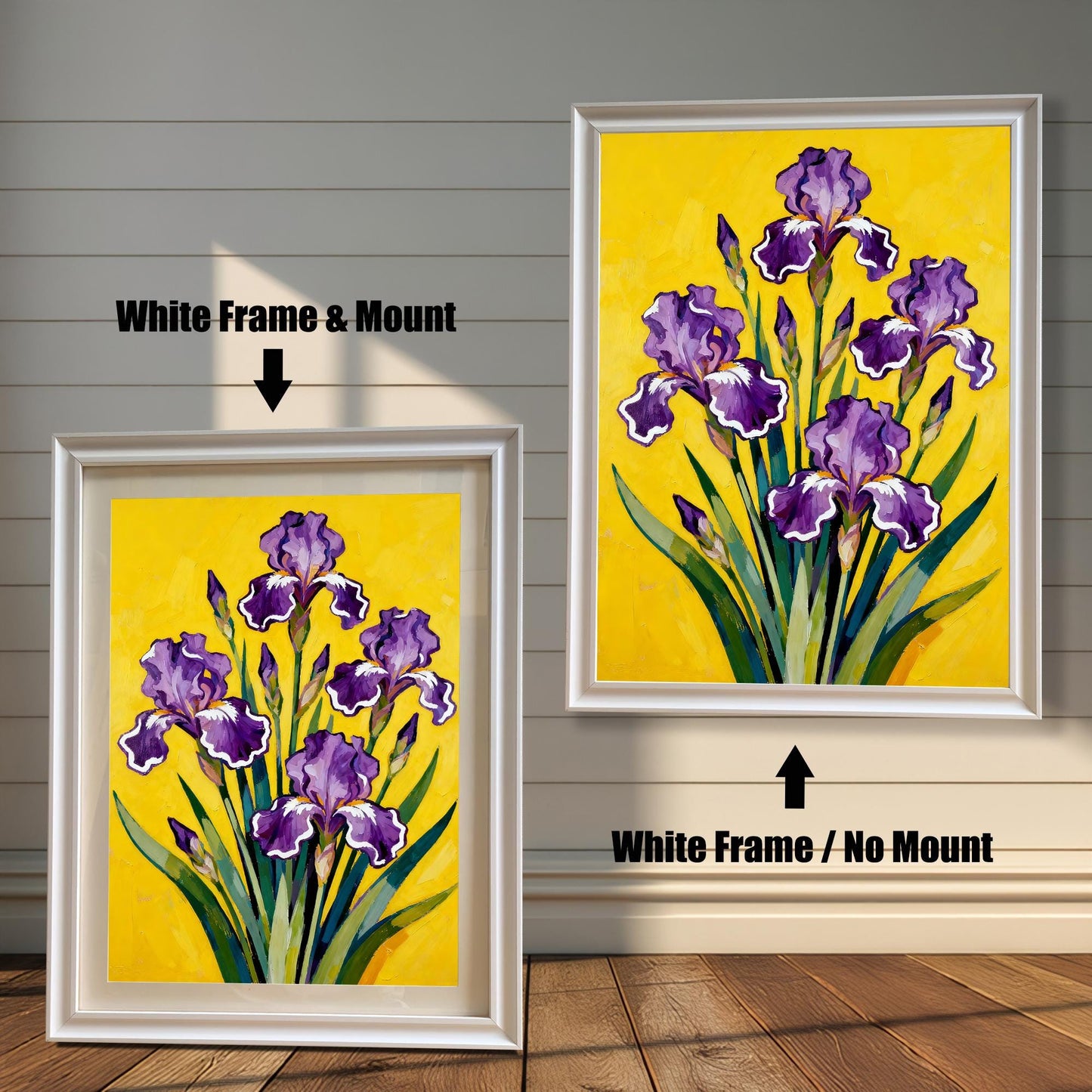 Comparison image showing a White framed art print with a light-colored mount (mat) on the left, and a White framed art print without a mount on the right. Both prints feature a vibrant painting of purple Irises on a bright yellow background.