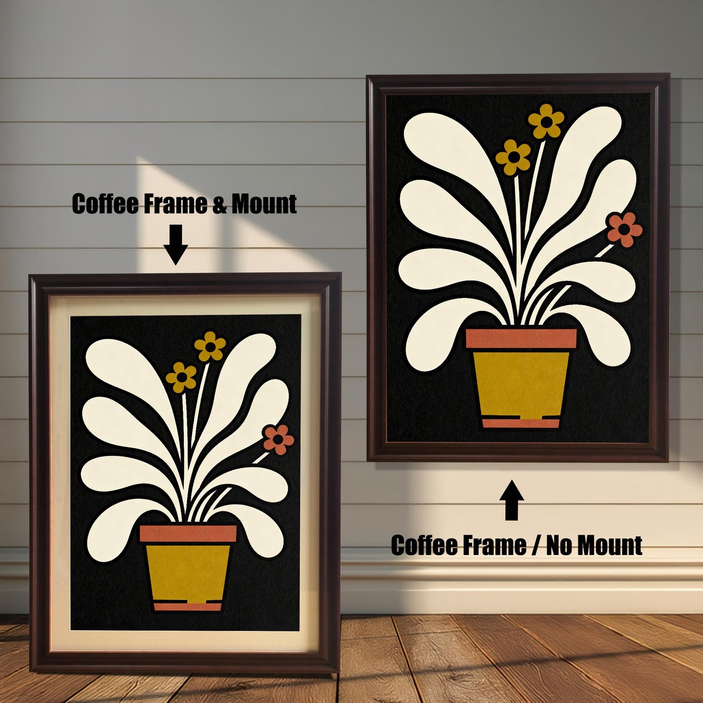 A side-by-side comparison of the abstract potted plant art print in a Coffee-colored wood frame. The left image shows the frame with a Mount (mat), and the right image shows the frame without a mount.
