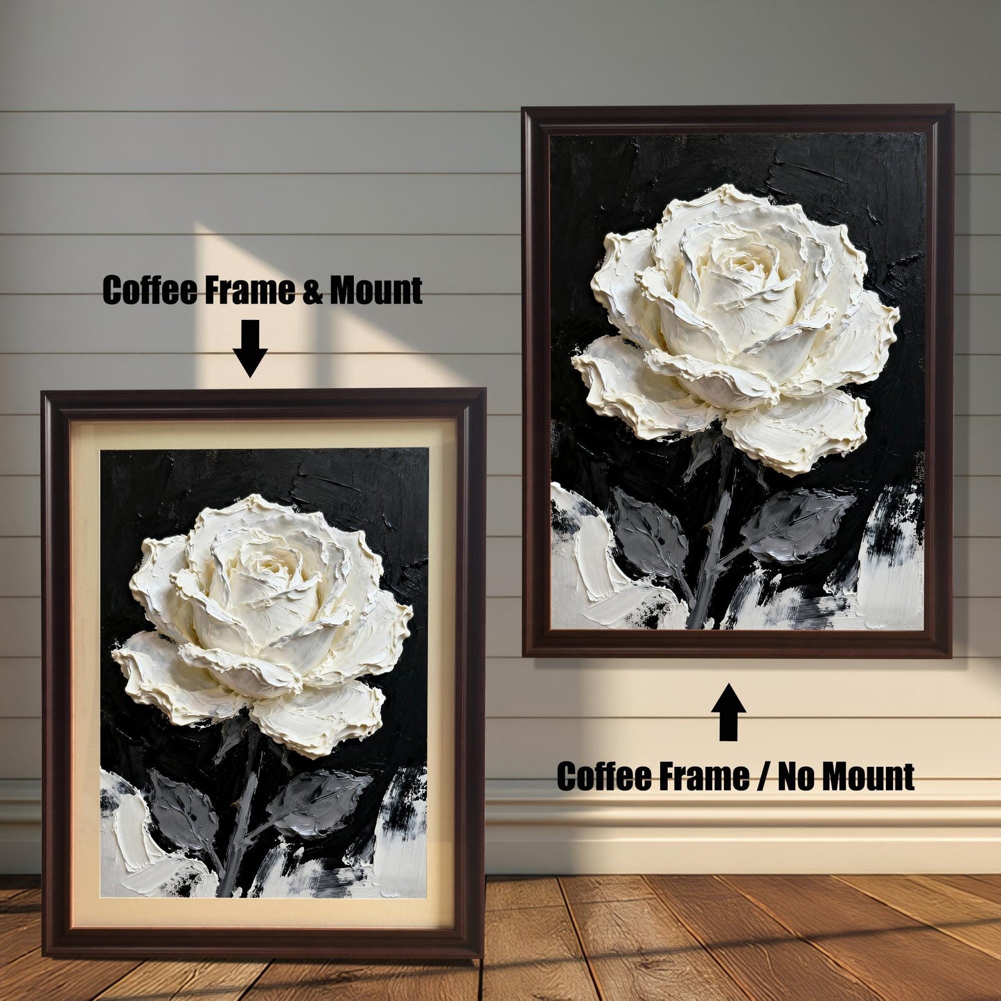 Comparison image showing a framed art print of the textured white rose painting with a Coffee frame: on the left, with a Mount (matted) and on the right, with No Mount (unmatted).