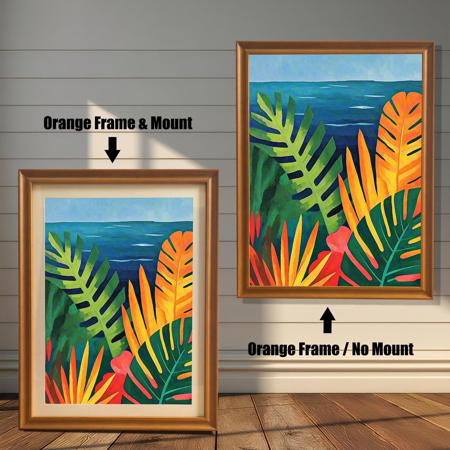 Comparison image of the tropical seascape art print in an Orange Frame (gold/light brown) with and without a Mount (matting).
