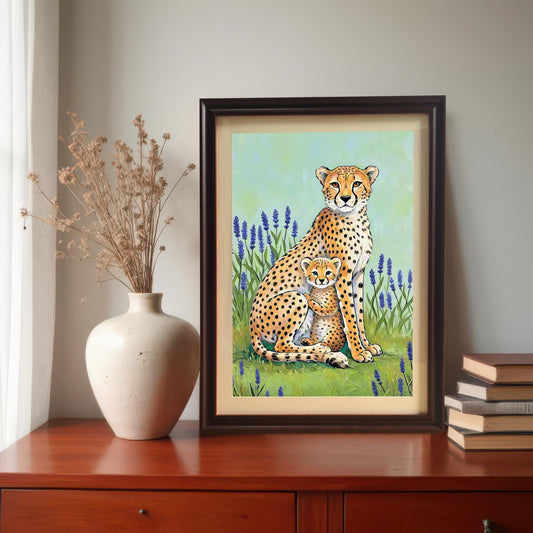 A lifestyle image of the framed art print of a cheetah mother and cub in a field of lavender. The print is in a Coffee Wood (dark brown) frame with a mount and is displayed on a dark wood dresser next to a cream vase of dried flowers and a stack of books.