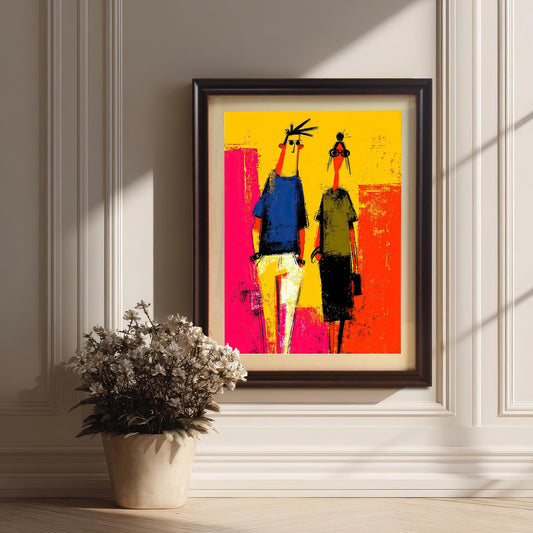 Framed abstract art print leaning against a white paneled wall with a vase of dried flowers nearby. The frame is a dark Coffee color with a Mount (matting).