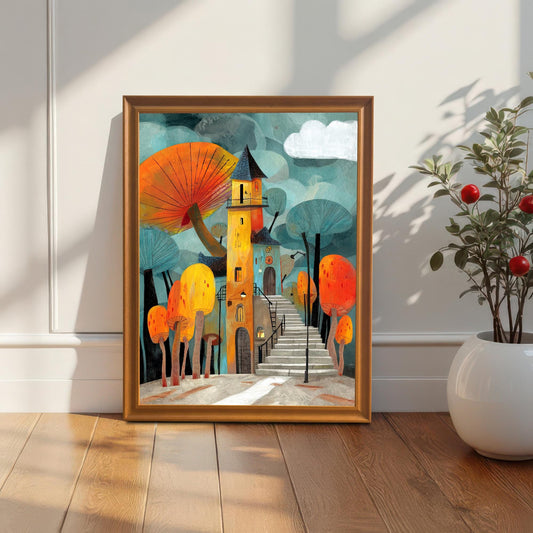 Whimsical art print of a mushroom house and forest in an Orange/Gold Frame with a mount, standing on a wooden floor against a white paneled wall next to a potted plant.