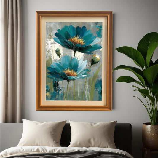A vertical framed art print in an Orange wood frame with a mount hanging on a gray wall above a bed, next to a tall houseplant. The print features the abstract teal floral painting.