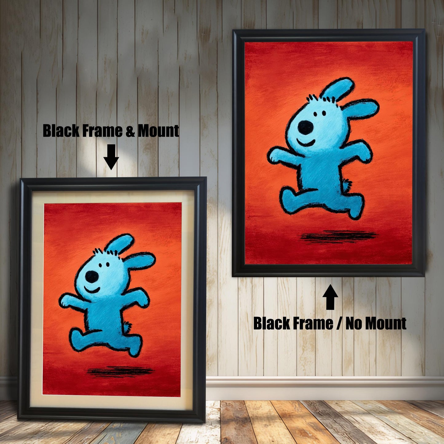 Bright pop art painting of a blue running animal (like a dog or bunny) on a red-orange background, shown in two versions with a Black Frame: a framed print with a Mount (matting) on the left, and a framed print with No Mount on the right. Both hang on a wood-paneled wall.