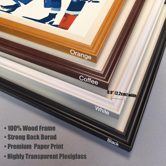 Close-up stacked detail of four frame corners to show color options: Orange, Coffee, White, and Black. The frame width is noted as 0.9"" (2.2cm) wide. Text lists product features: ""100% Wood Frame,"" ""Strong Back Board,"" ""Premium Paper Print,"" and ""Highly Transparent Plexiglass.""