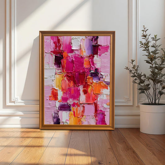 Full view of the abstract oil-style painting in an Orange wooden frame without a mat, leaning on a white wall with decorative trim above a wooden floor, next to a potted plant.