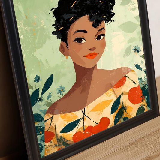 Close-up view of the framed art print, showing the portrait of a woman with dark curly hair and a colorful shirt with fruit/leaf patterns. The frame is black. The background is a textured light green with blue flowers and foliage details, capturing the expressive style of the illustration.