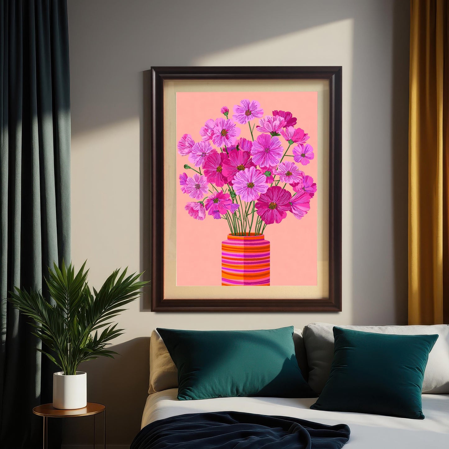 Large framed print of pink Cosmos flowers in a dark coffee frame hanging above a bed with teal pillows and a dark bedspread. The room has dark teal and mustard yellow curtains.