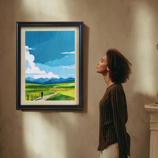 A woman in a striped shirt looks up at the framed landscape art print hanging on a textured tan wall. The print is in a black frame with a mount/mat, showing a winding path through green fields under a blue sky.