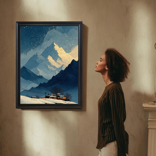A woman with curly hair is standing and looking up at a framed print of a snowy mountain scene. The frame is Black with a light border/mount. The wall is textured beige.