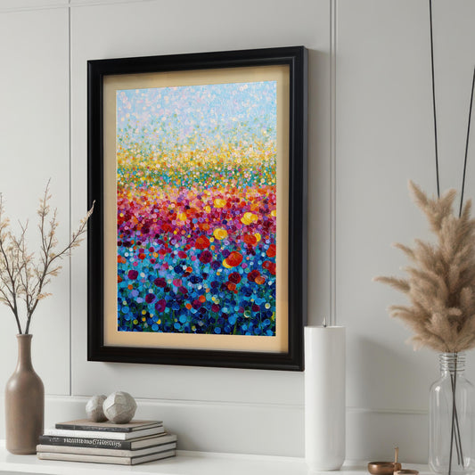 Abstract flower field painting print in a black wood frame with a light mount, hanging on a white wall above a mantelpiece with books and vases.