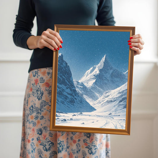 A woman in a dark shirt and floral skirt holding the snowy mountain valley print in a gold/orange wood frame.