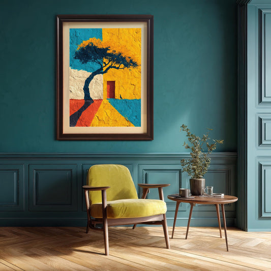 A framed art print of a colorful abstract image featuring a tree, a small house/door, and bold blocks of blue, yellow, and red. The print is framed in a dark wood frame and hangs above a chartreuse/lime green armchair in a room with dark teal/green wainscoting and walls.