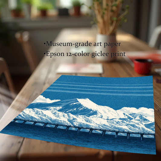 A close-up shot of the blue mountain and bridge art print lying on a wooden table. Text overlays highlight the quality: Museum-grade art paper and Epson 12-color giclee print.