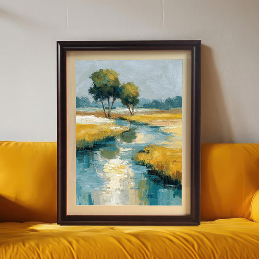 A framed art print of the abstract landscape painting, leaning against a gray wall and resting on a bright yellow sofa. The frame is a dark brown (Coffee) wood with a light border/mount.