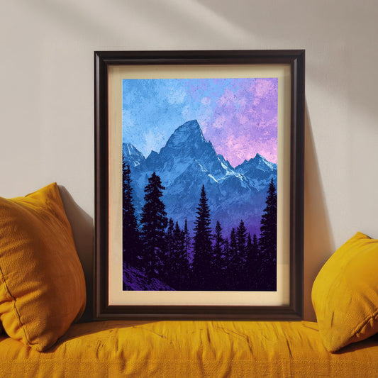 A framed mountain art print with a Coffee Frame & Mount sitting on a bright yellow cushioned window seat or bench, propped against a white wall with yellow throw pillows.