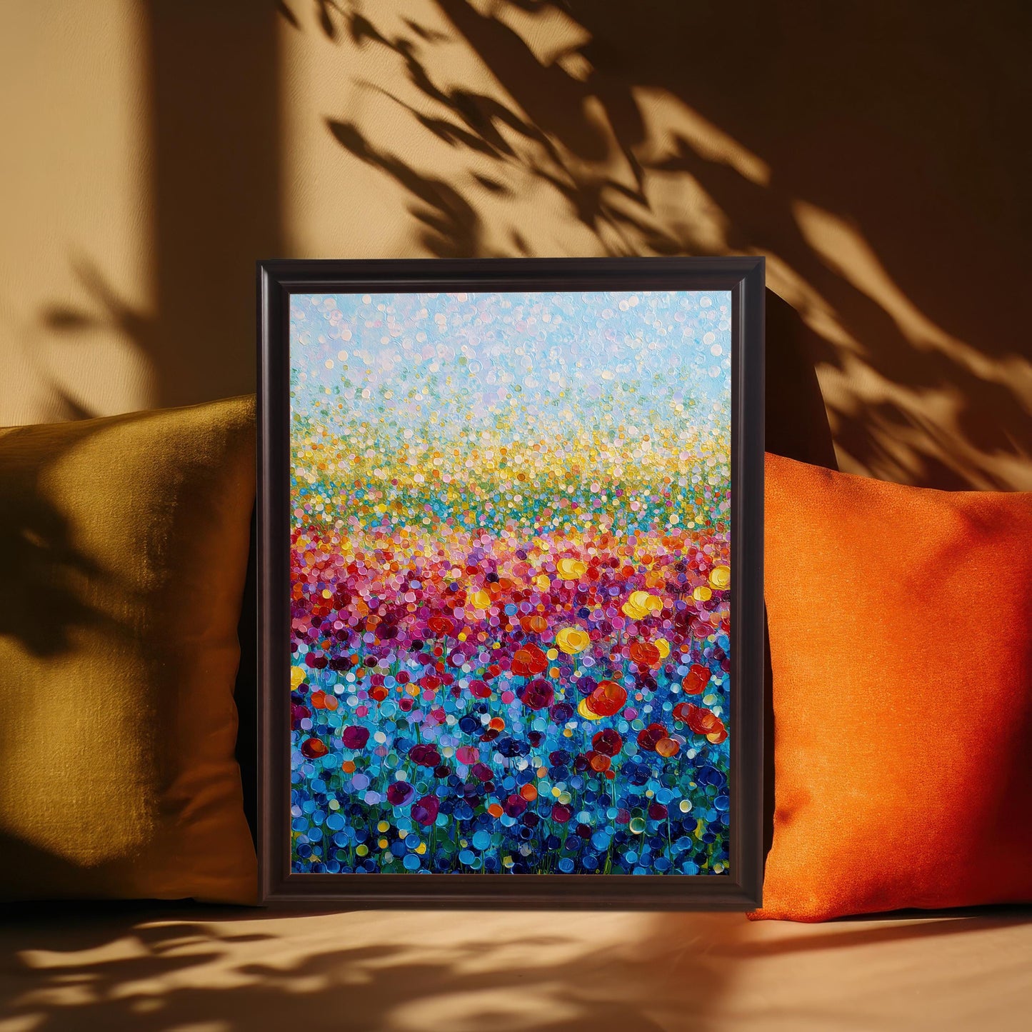 Abstract colorful flower field print in a dark frame, placed between two orange and mustard yellow pillows, with dappled light and shadow patterns across the wall.