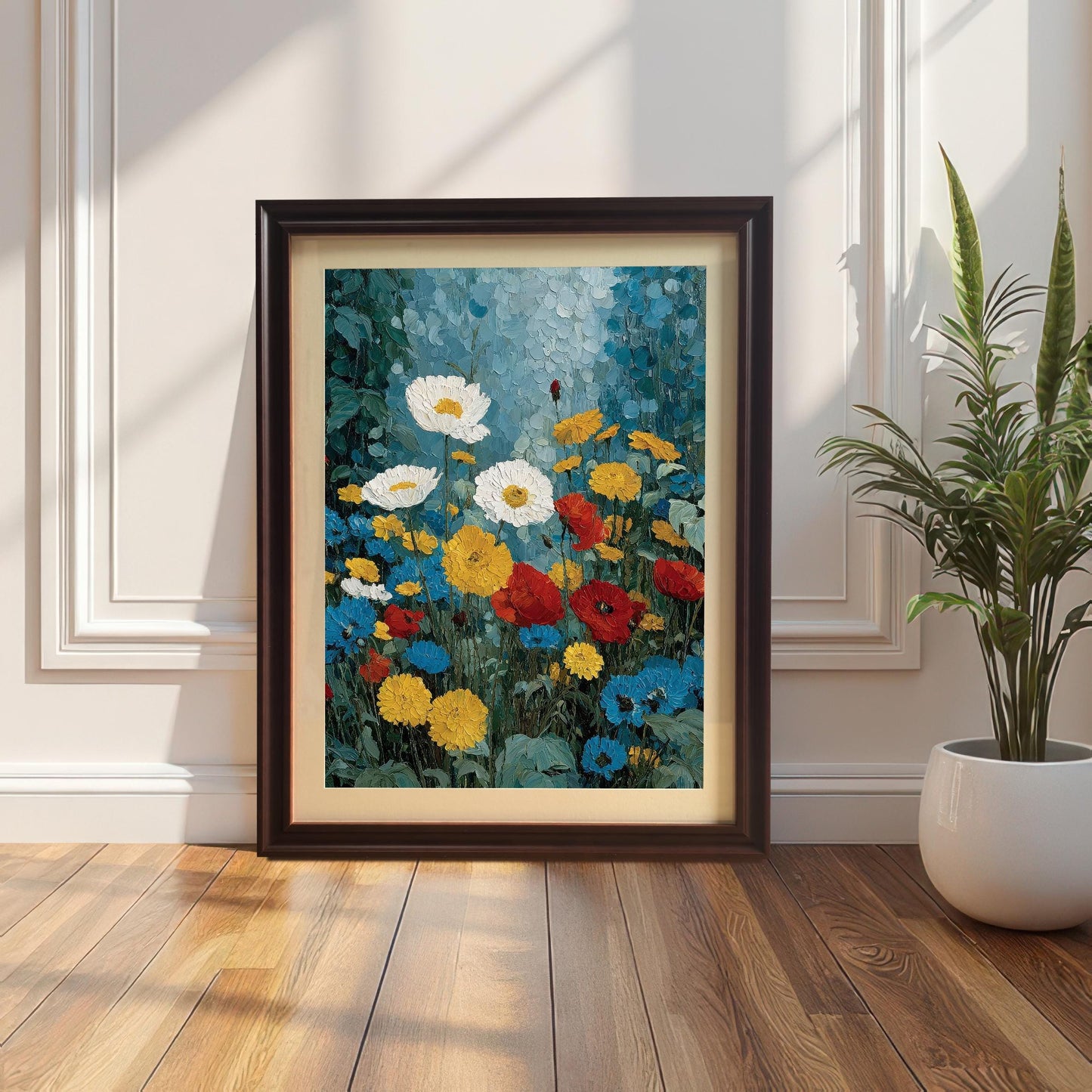 A "Coffee" (dark brown) wood framed art print with a cream mat board leaning against a white paneled wall. The frame is positioned on a polished wood floor next to a minimalist white potted plant.
