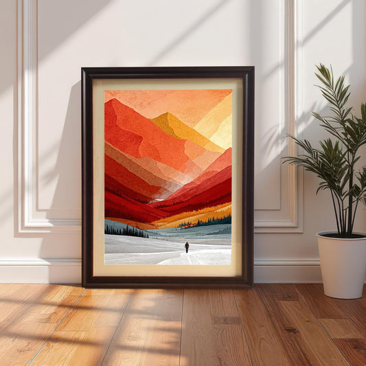 Landscape wall art in a coffee-colored wood frame with an off-white mat mount, displayed in a bright modern room next to a potted plant