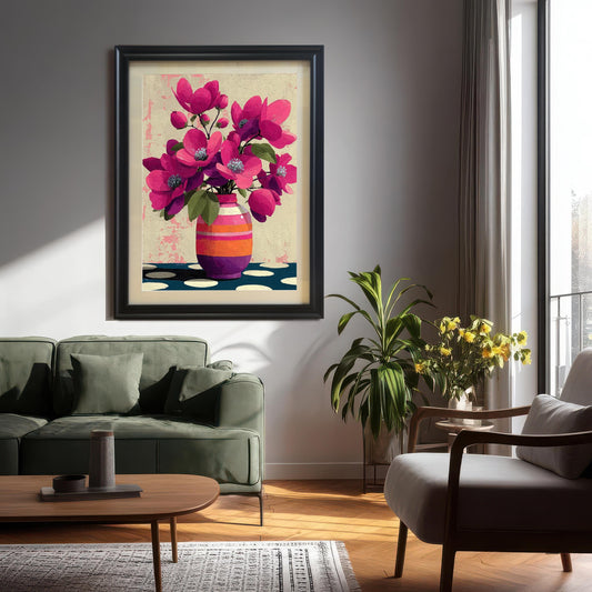 Large black-framed vibrant pink floral art print hanging in a modern living room above a green sofa.