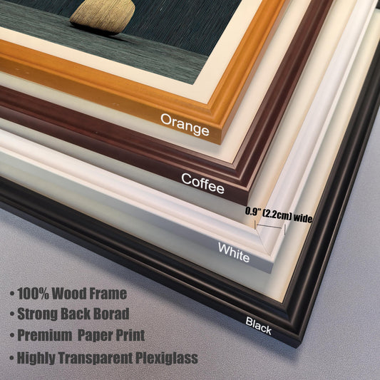 Close-up image of the four available wooden frame corners stacked on top of each other, labeled: Orange, Coffee, White, Black. The frame width is shown as 0.9"" (2.2cm) wide. Text lists: ""100% Wood Frame,"" ""Strong Back Board,"" ""Premium Paper Print,"" and ""Highly Transparent Plexiglass.""