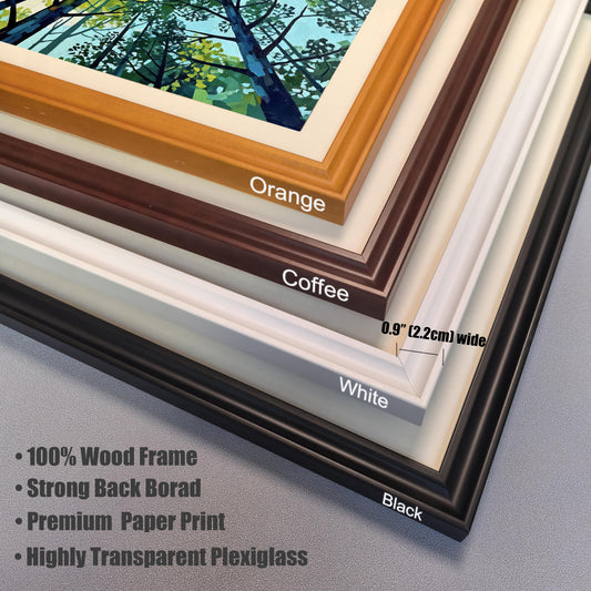 Close-up detail of four wood frame color options: Orange, Coffee, White, and Black, highlighting the 0.9-inch frame width and material quality.